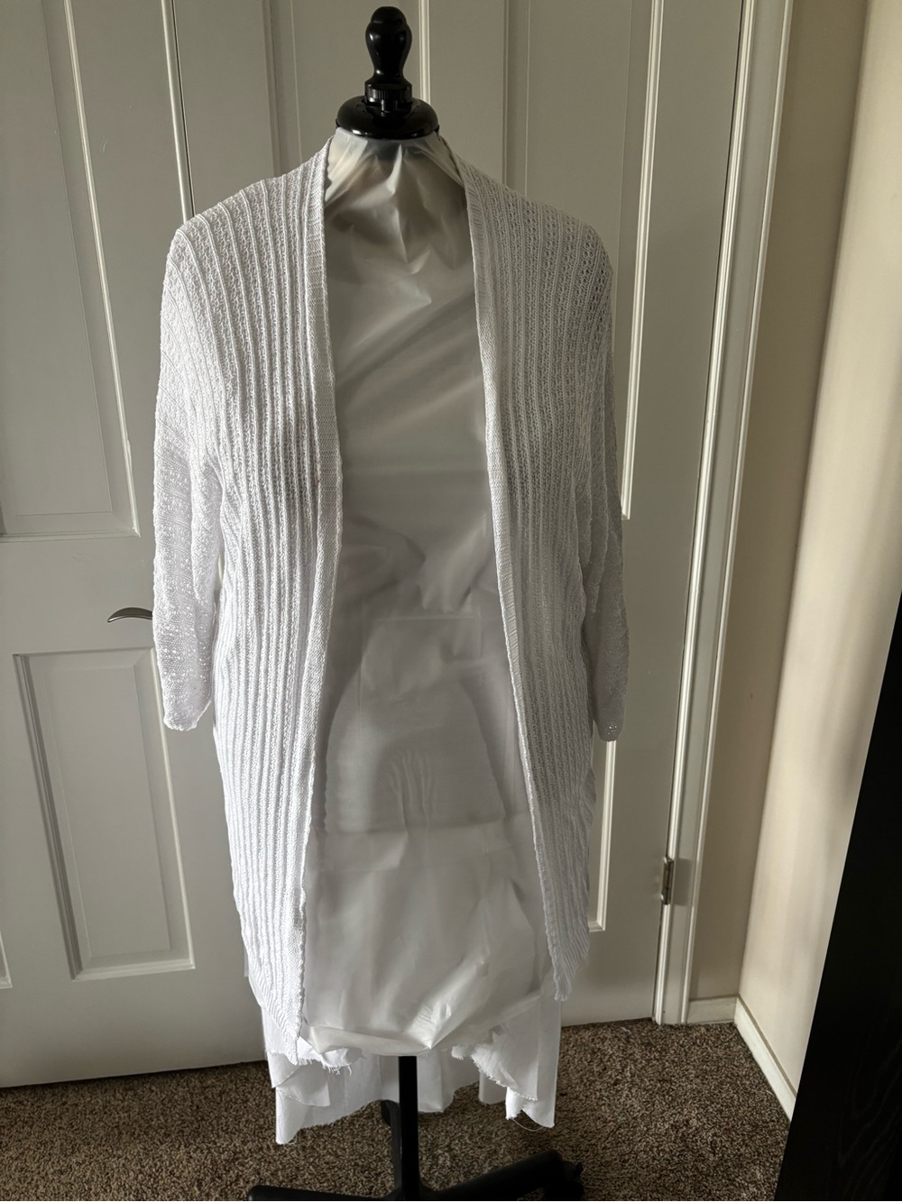 Open-Front White Ribbed Knit Cardigan for Women